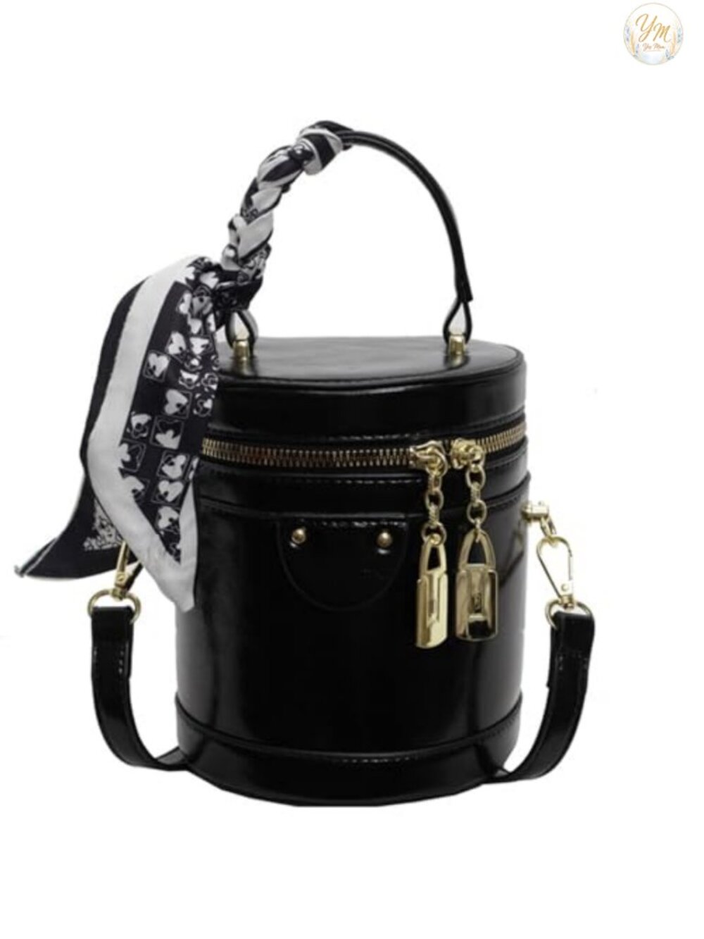 Vegan Leather Mini Bucket Crossbody Bag Round Handle Scarf Detail